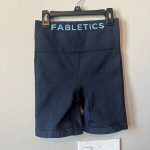 Fabletics Navy Blue Biker Shorts Waistband Logo Mesh Cutouts on Sides and Back
